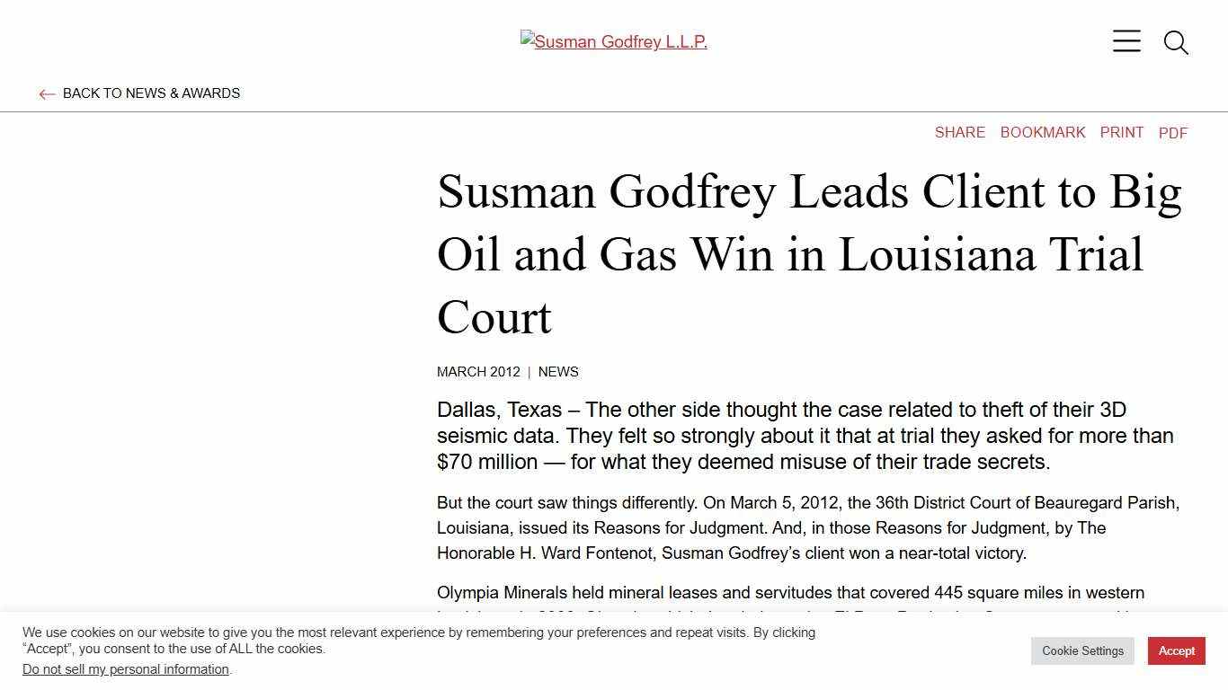 Susman Godfrey Leads Client to Big Oil and Gas Win in Louisiana Trial Court Susman Godfrey L.L.P.