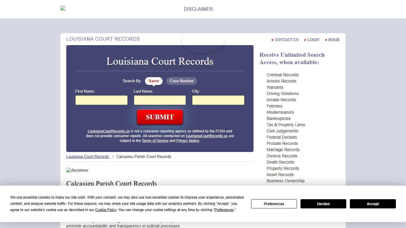 Calcasieu Parish Court Records LouisianaCourtRecords.us