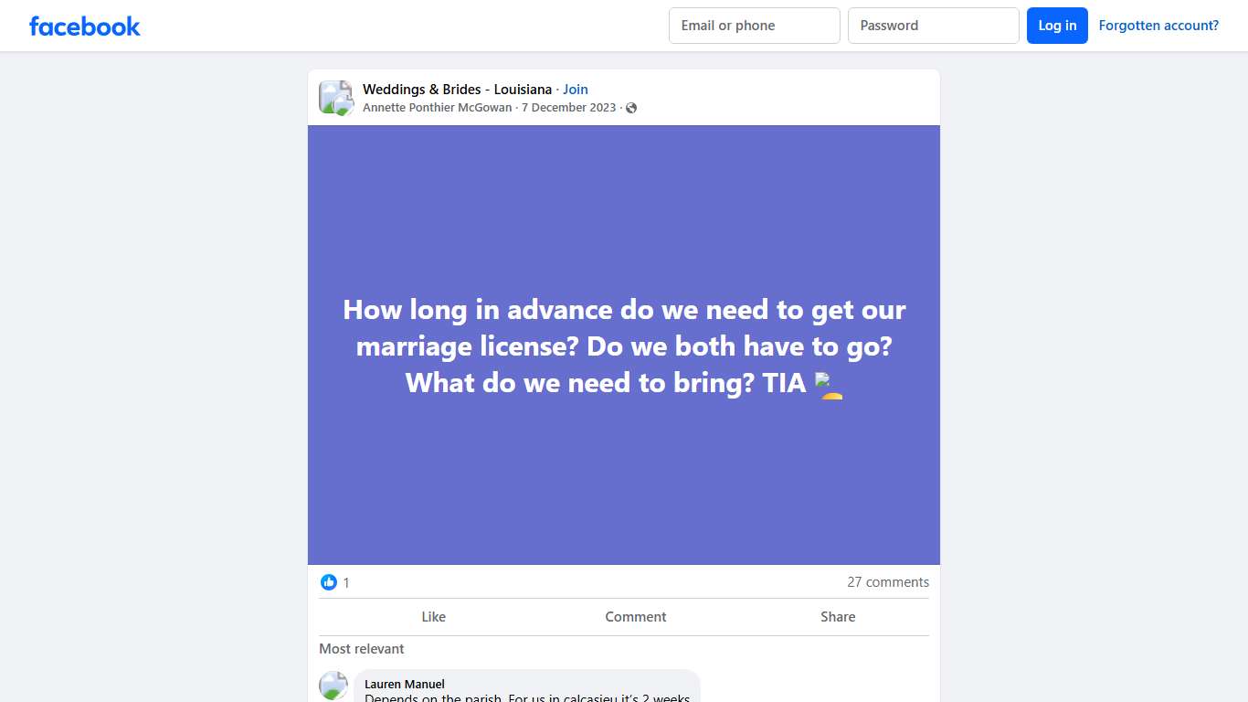 Weddings & Brides - Louisiana How long in advance do we need to get our marriage license Facebook